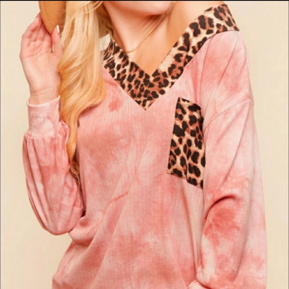 Mauve Ribbed Tie Dye Long Sleeve Leopard Blouse